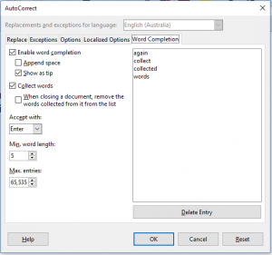 LibreOffice Writer word completion